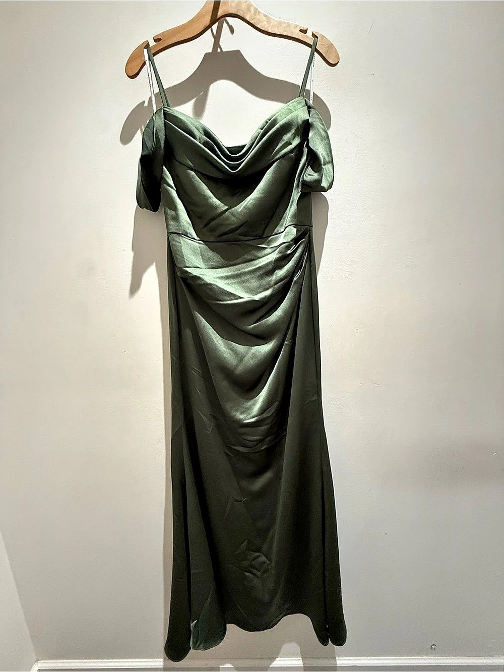 Watters Draped Satin Maxi Dress in Moss Green Size Medium